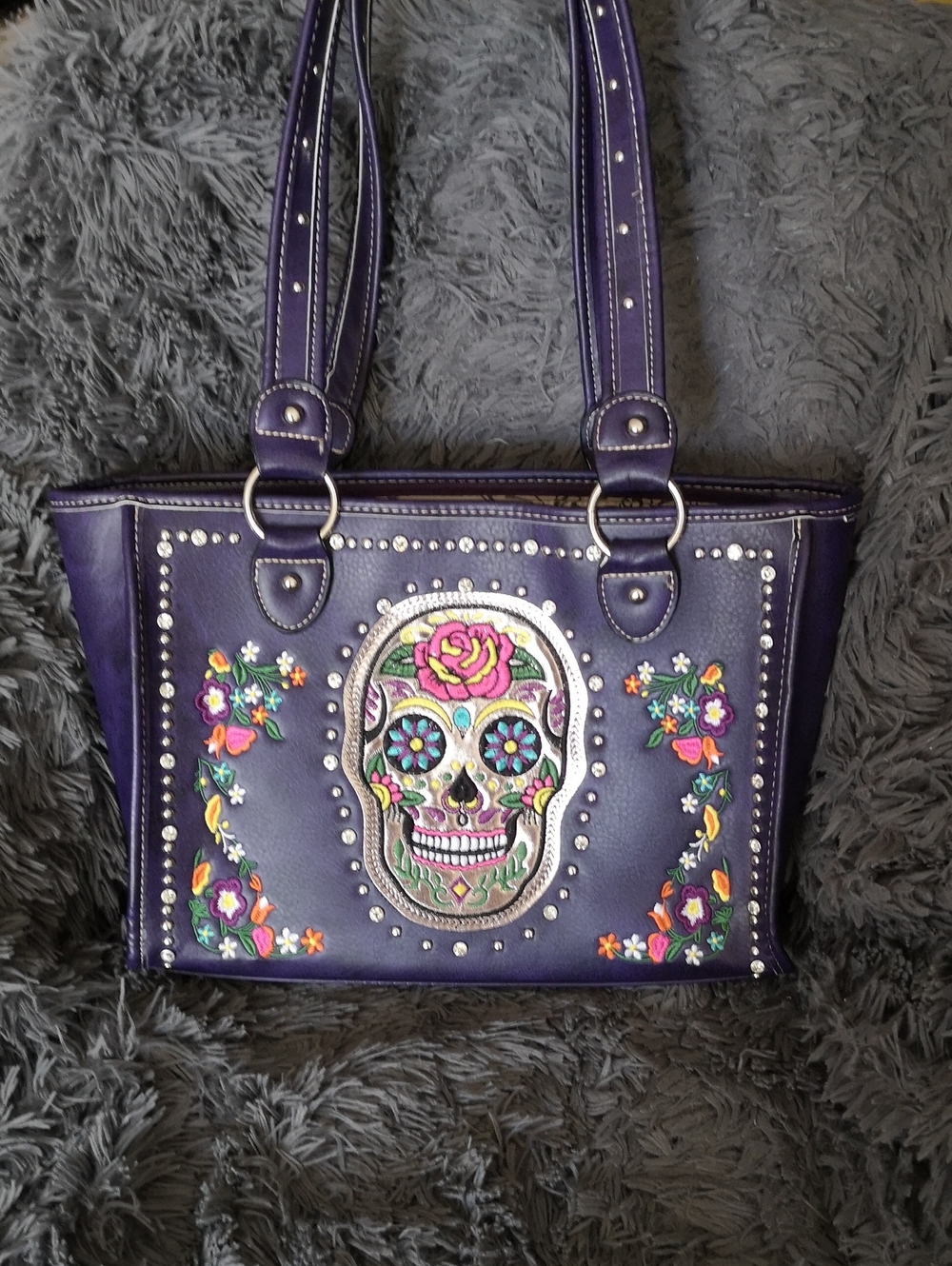 Fantastic Purple Faux Leather Tote Purse Embroidered Skull & Floral, Gems Design